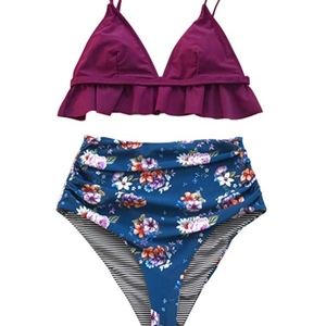 2 pc Swimsuit High waisted bottom + ruffle Top